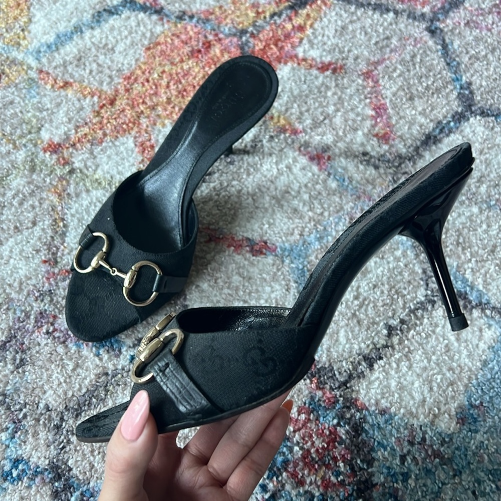 GUCCI Horsebit Guccissima Canvas Patent Leather Mules - 37